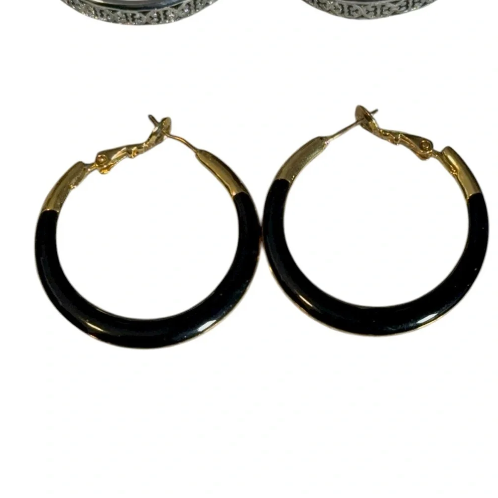 Lot Of 2 Hoop Earrings Silver Filigree & Black Enamel Gold Tone 2/$18